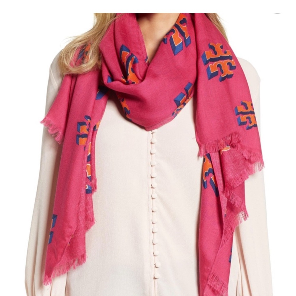 Tory Burch Vibrant Pink Scarf with Logo Design